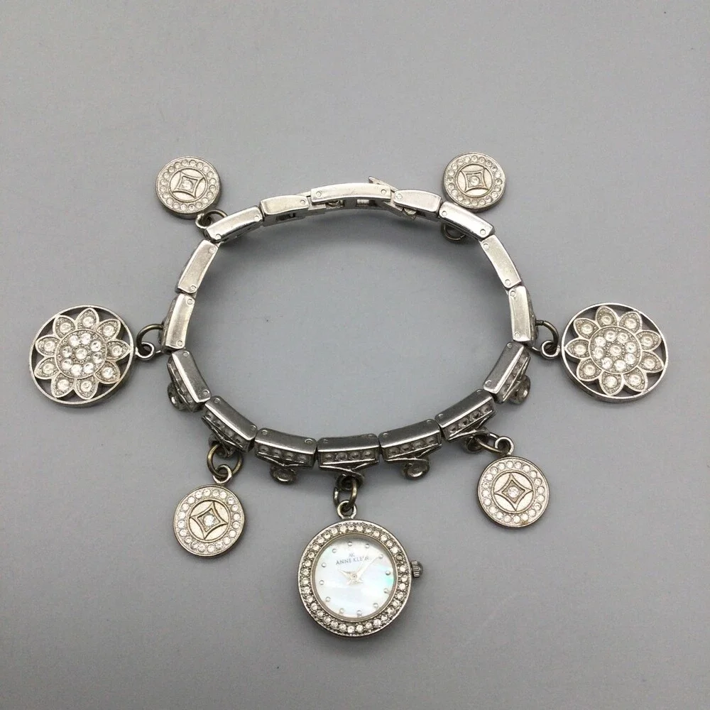Anne Klein Watch Women 20mm Silver Tone Bling Charm Bracelet Band New Battery 7